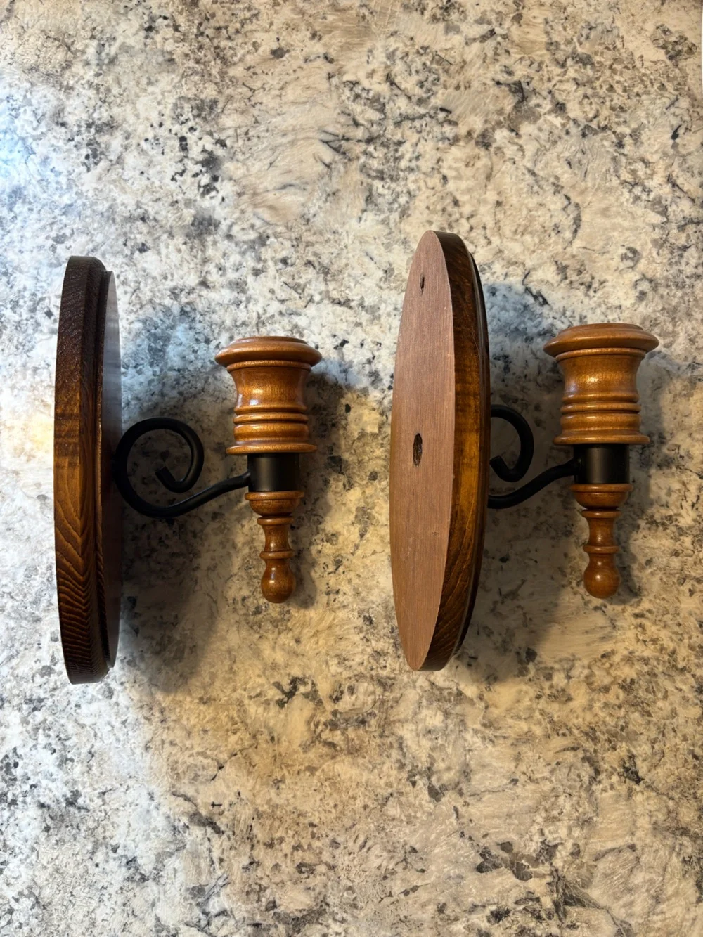 Set of two vintage wall sconces - wood and metal